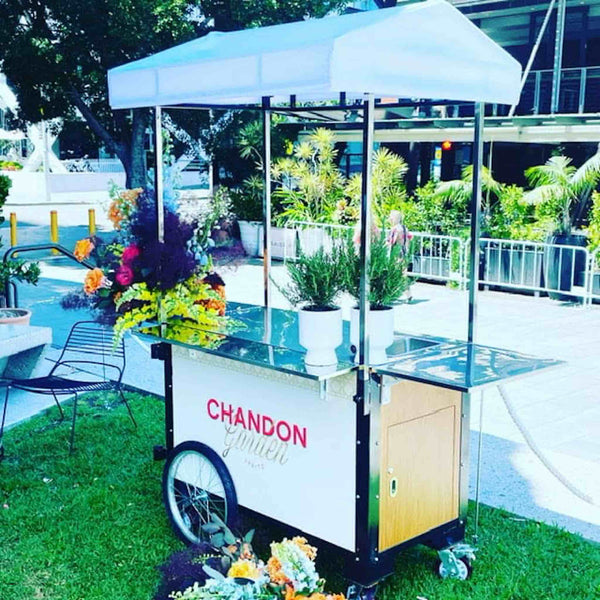 Premium coffee cart designed for mobile espresso and coffee service, featuring high-quality finishes, storage compartments, and built-in equipment space. Perfect for events, markets, and cafes on the go. Available at Promo Wheels.